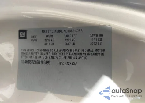 2008 Buick Lucerne Cxl z USA, uszkodzony, nr VIN 1G4HD57218U193898